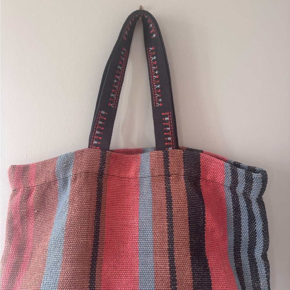 Free People Woven Stripe Tote in Coral, Blue & Brown with Black Handles
